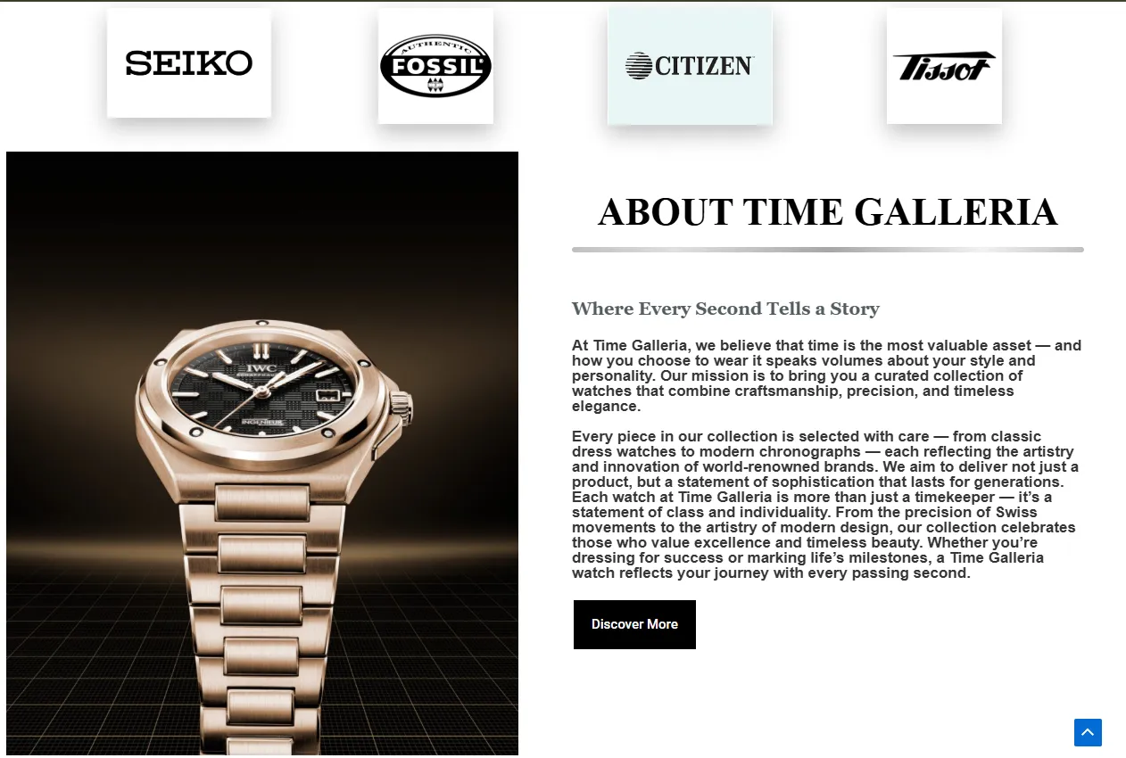 About page of Time Galleria website showing Abdul Samad's design and store overview